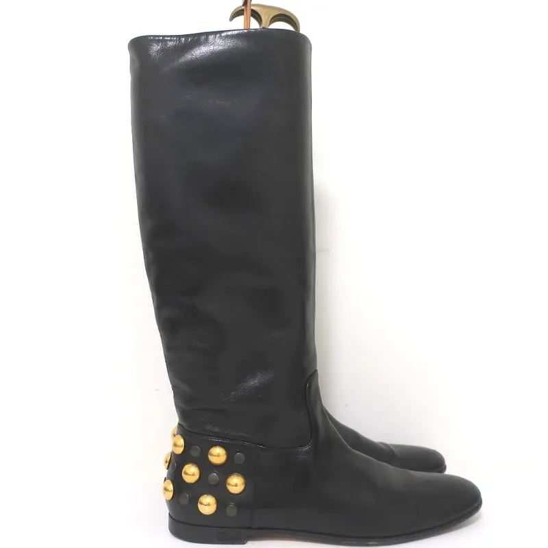 Gucci Babouska Studded Heel Knee High Boots Black Leather Size 38.5
