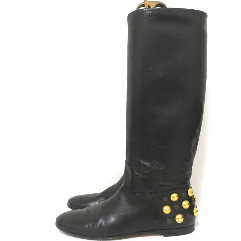 Gucci Babouska Studded Heel Knee High Boots Black Leather Size 38.5