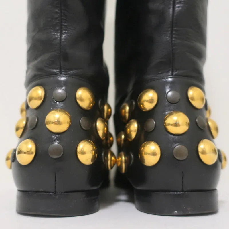 Gucci Babouska Studded Heel Knee High Boots Black Leather Size 38.5