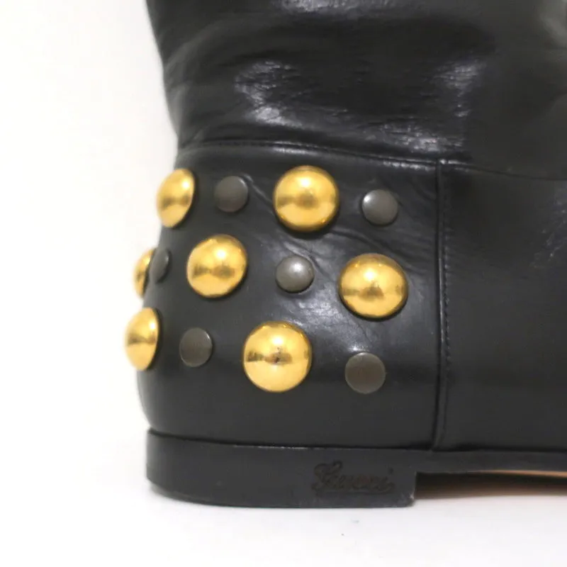 Gucci Babouska Studded Heel Knee High Boots Black Leather Size 38.5