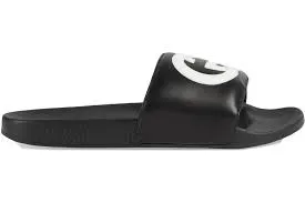 Gucci Men's Black Slides with White Interlocking GG