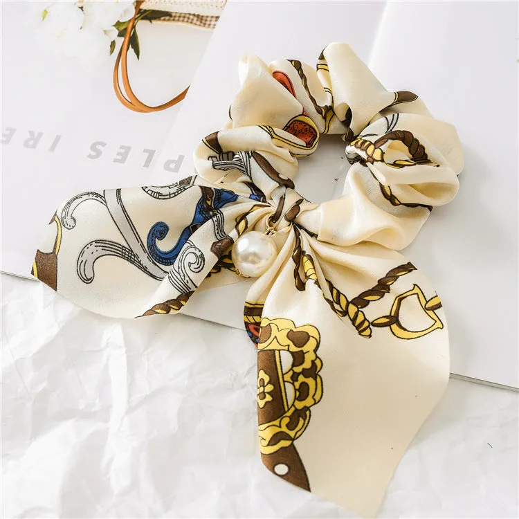 Hair Scrunchies Elastic Hair Bands Hair Scarf Bow with Pearl Pendant Colorful Chain Design