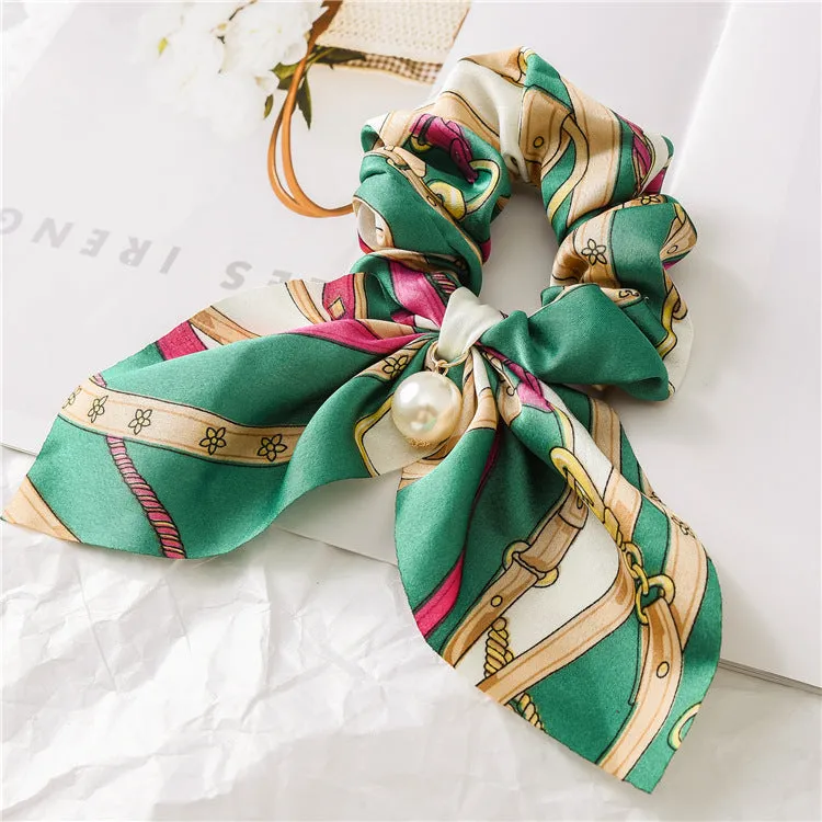 Hair Scrunchies Elastic Hair Bands Hair Scarf Bow with Pearl Pendant Colorful Chain Design