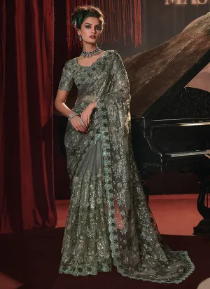 Haze Green Sequence And Appliqué Embroidery Wedding Saree