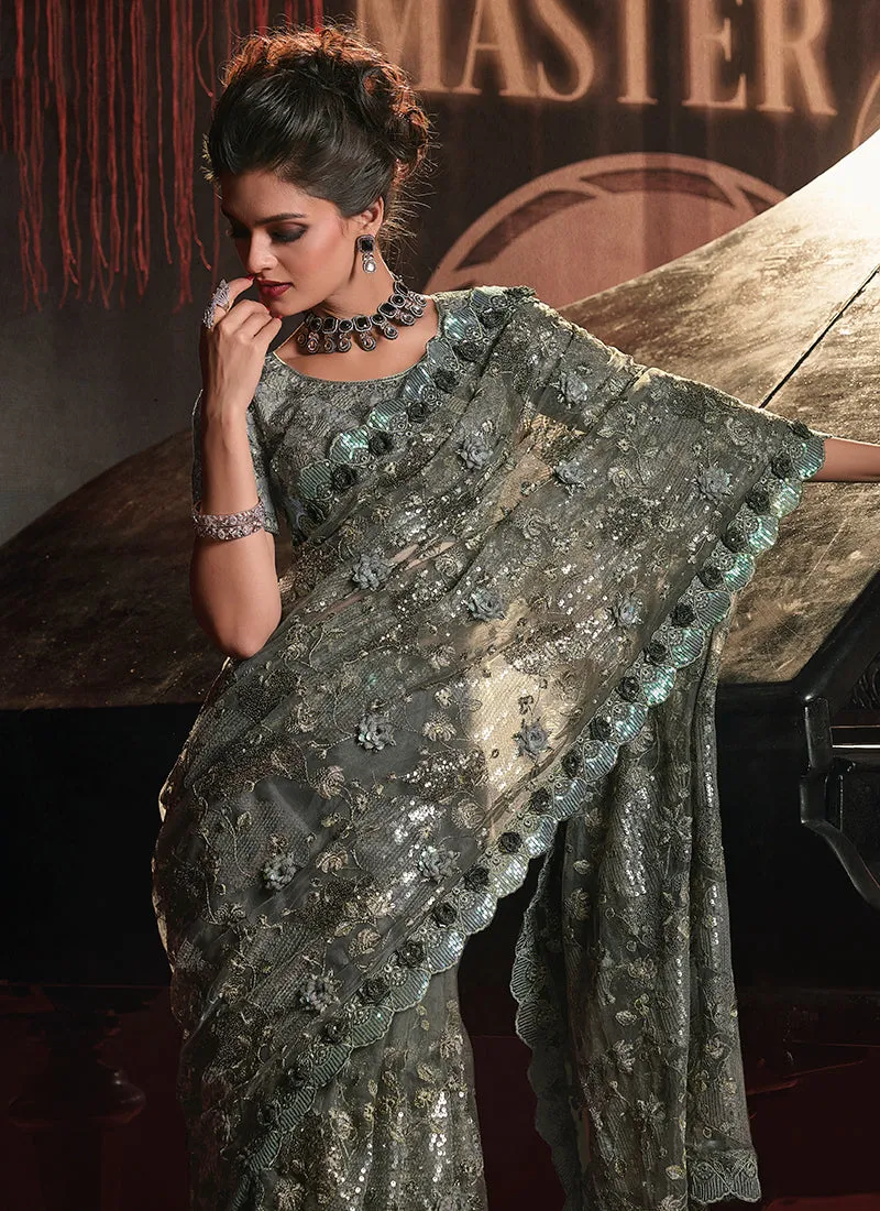 Haze Green Sequence And Appliqué Embroidery Wedding Saree