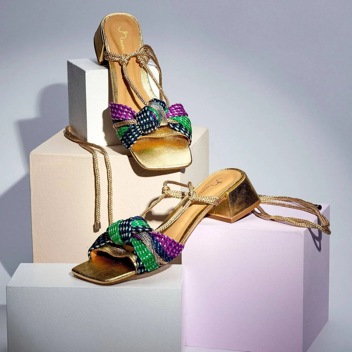 Hera - Gold Metallic Low-Block Heels Sandal