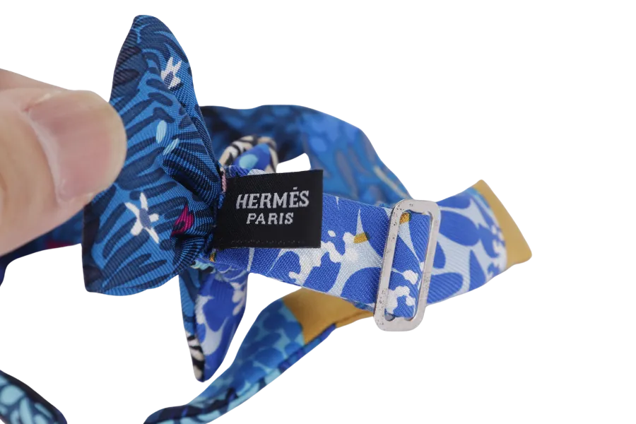 HERMES MINI WOMEN'S BOW TIE BLUE FLORAL PRINT, WITH BOX