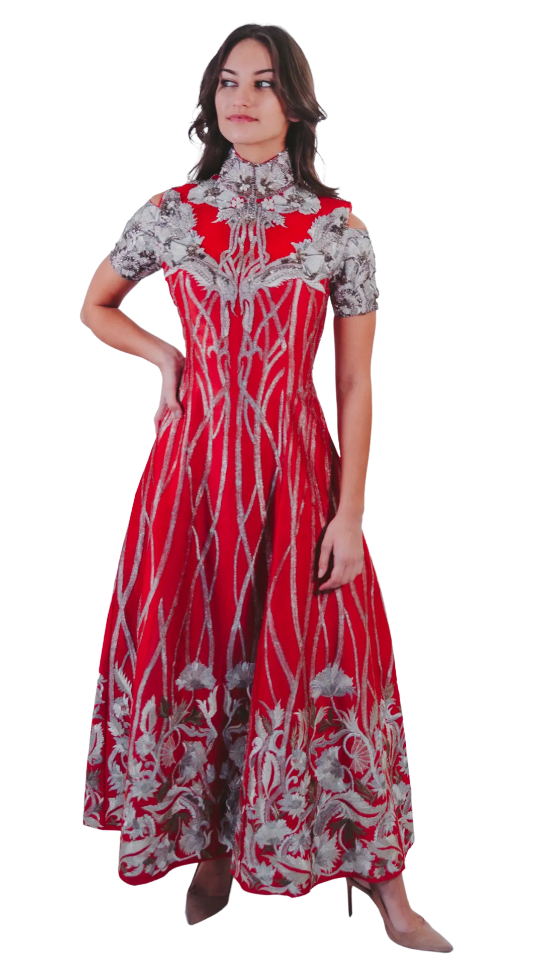 High Neck Silver & Red Tea Length Gown