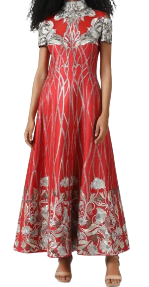 High Neck Silver & Red Tea Length Gown