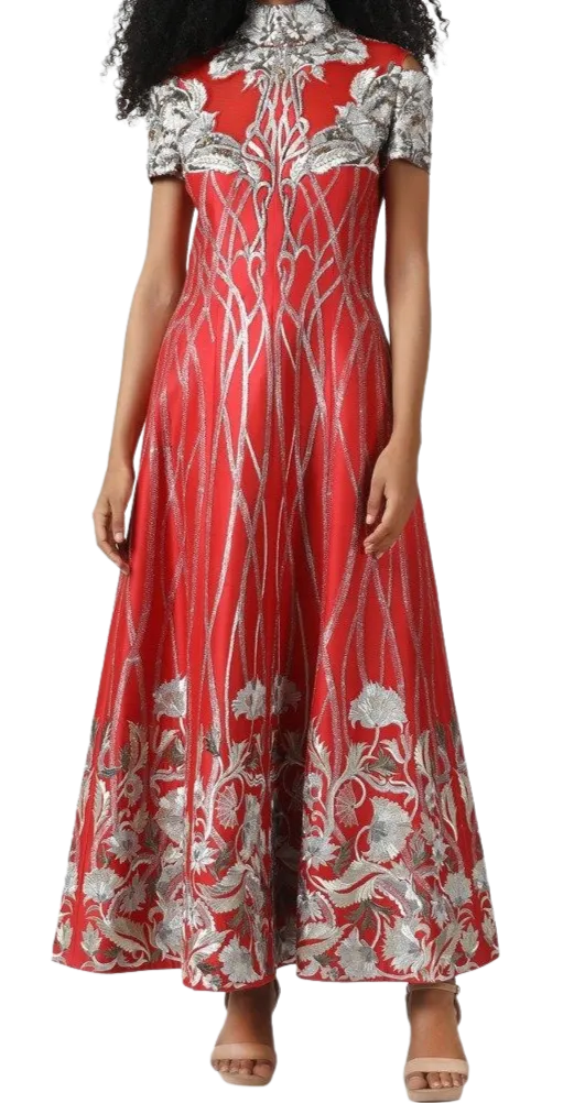 High Neck Silver & Red Tea Length Gown