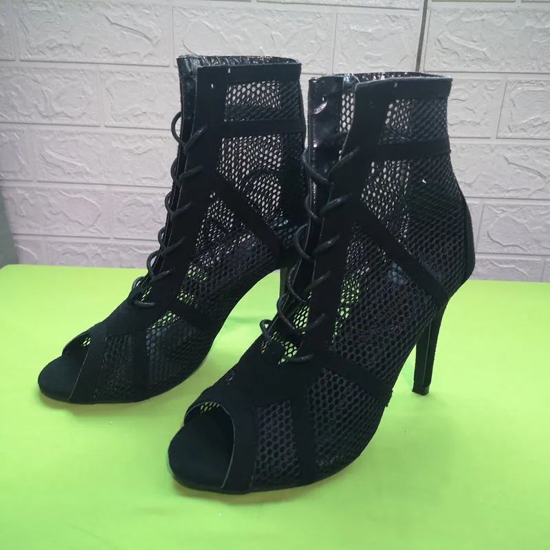 High Top Dance Shoes Black Ballroom Boots Salsa Tango Shoes Girl Party Mesh Cutout High Heel Sandals Summer