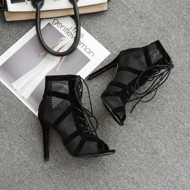 High Top Dance Shoes Black Ballroom Boots Salsa Tango Shoes Girl Party Mesh Cutout High Heel Sandals Summer