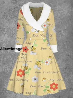 Honey Bee Art Print Vintage Elegant Fur Collar Button Long Sleeve Coat Dress