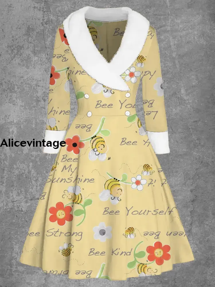 Honey Bee Art Print Vintage Elegant Fur Collar Button Long Sleeve Coat Dress