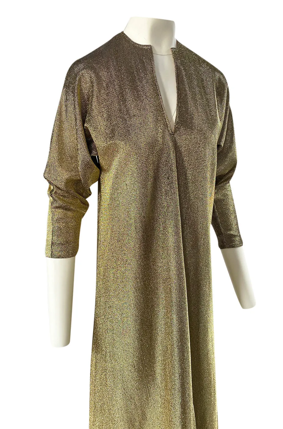 Iconic 1970s Halston Long Metallic Gold Lame Lurex Caftan Dress