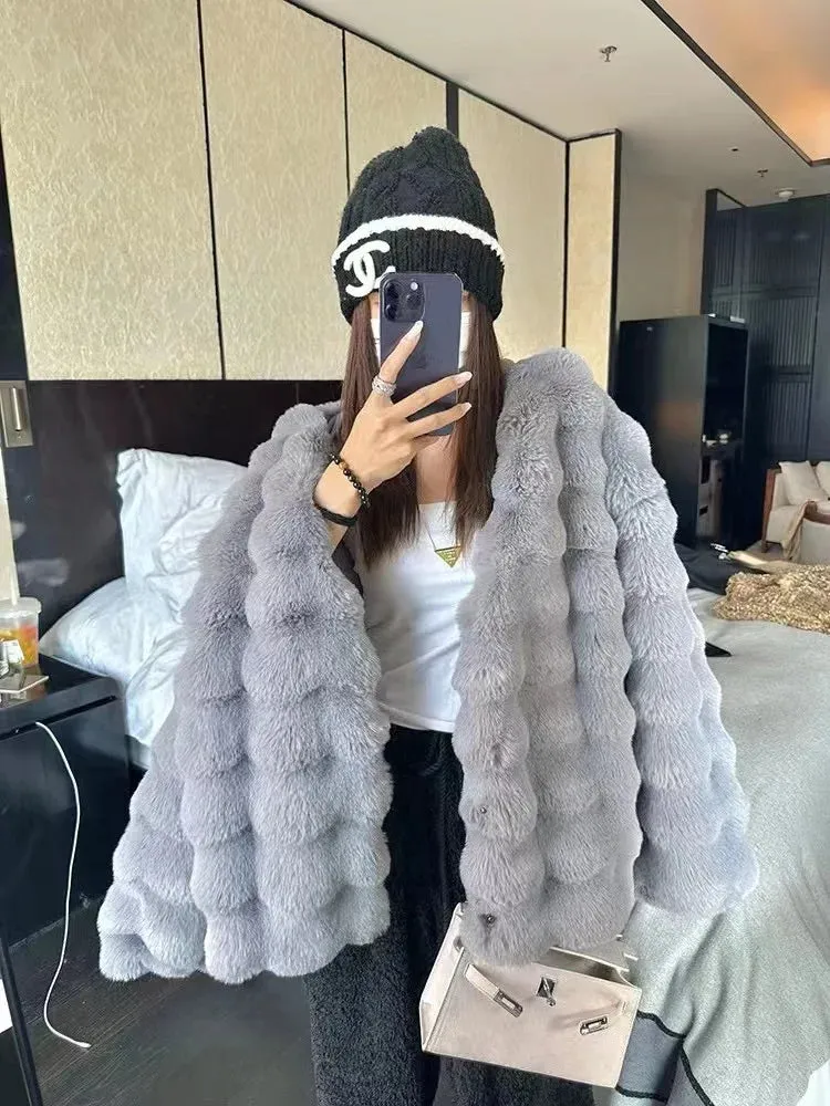 Imitation Fur Plush Collarless White Fur Coat