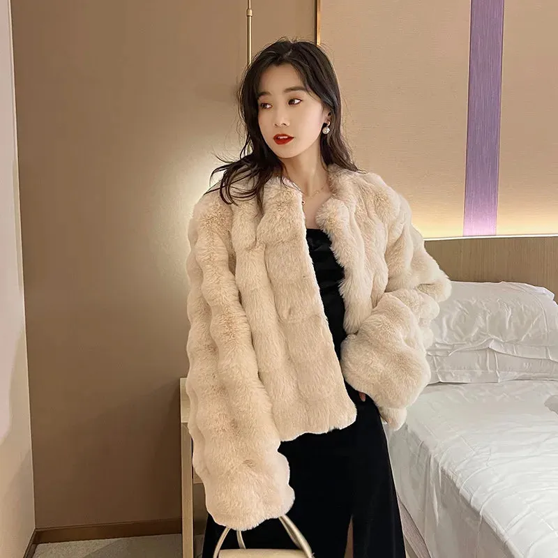 Imitation Fur Plush Collarless White Fur Coat