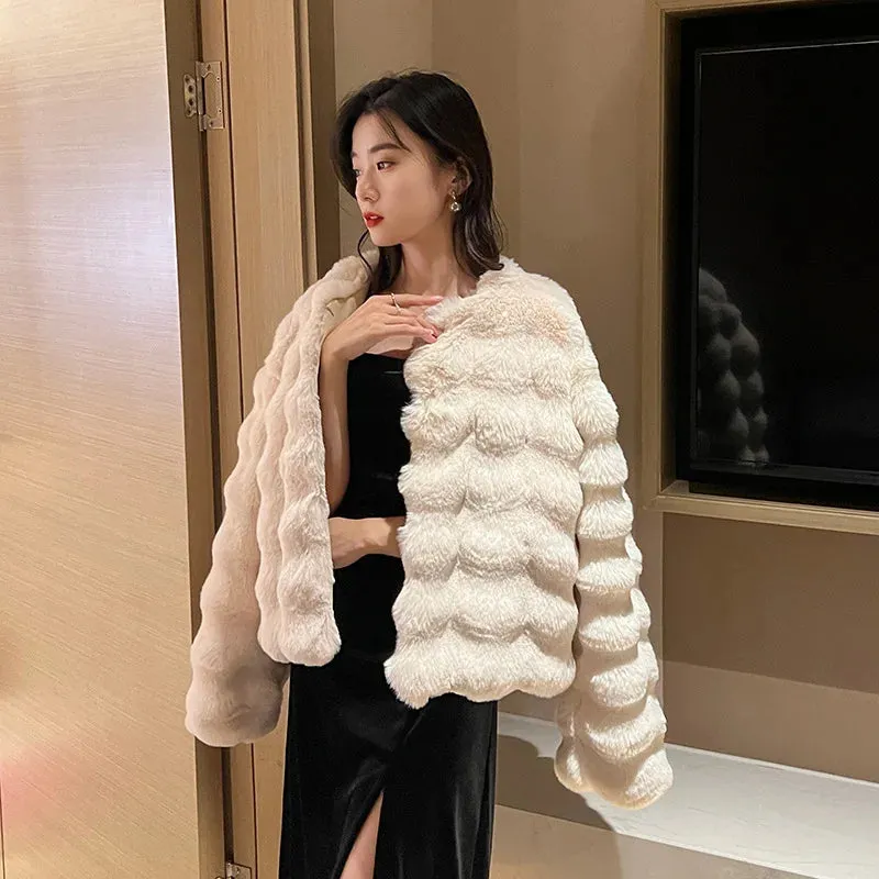 Imitation Fur Plush Collarless White Fur Coat
