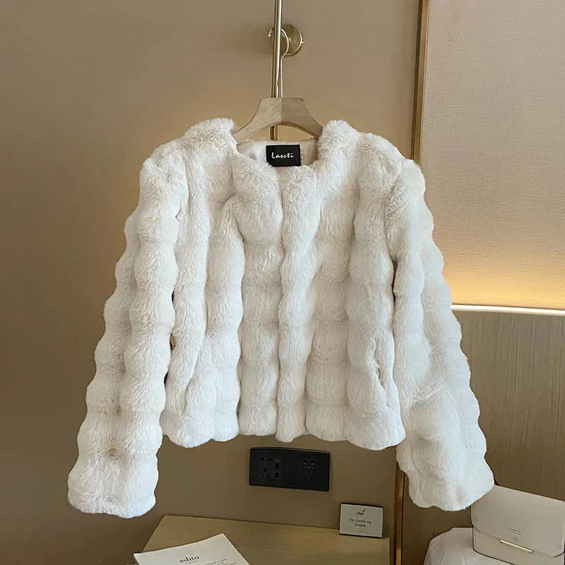 Imitation Fur Plush Collarless White Fur Coat
