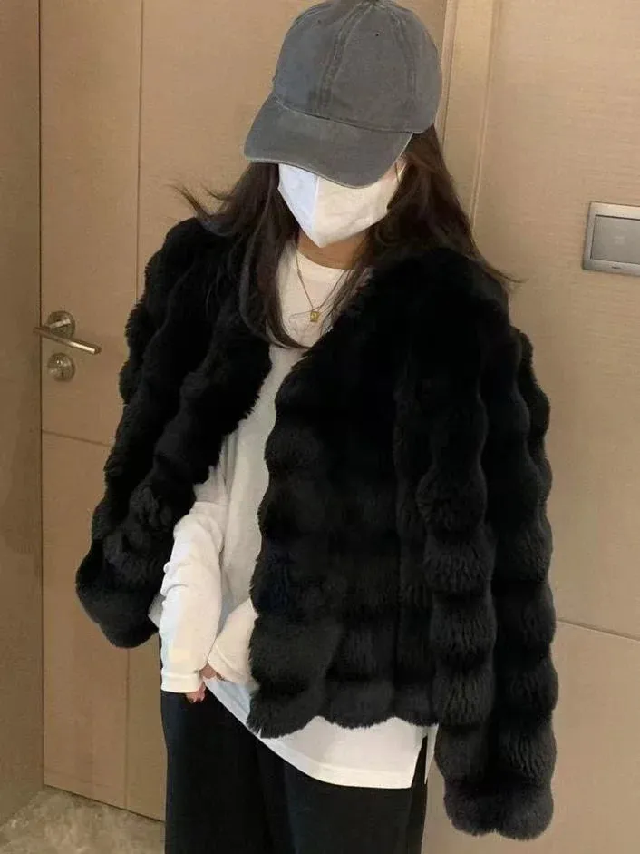 Imitation Fur Plush Collarless White Fur Coat