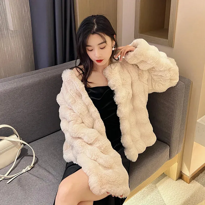 Imitation Fur Plush Collarless White Fur Coat