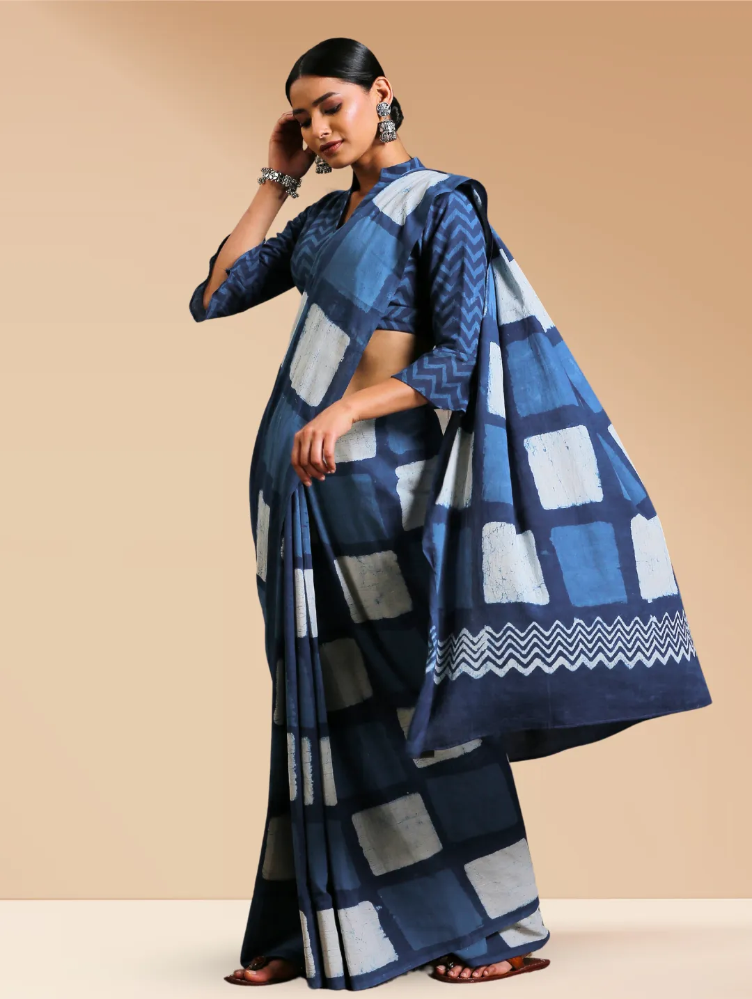 Indigo Box Hand Block Cotton Saree