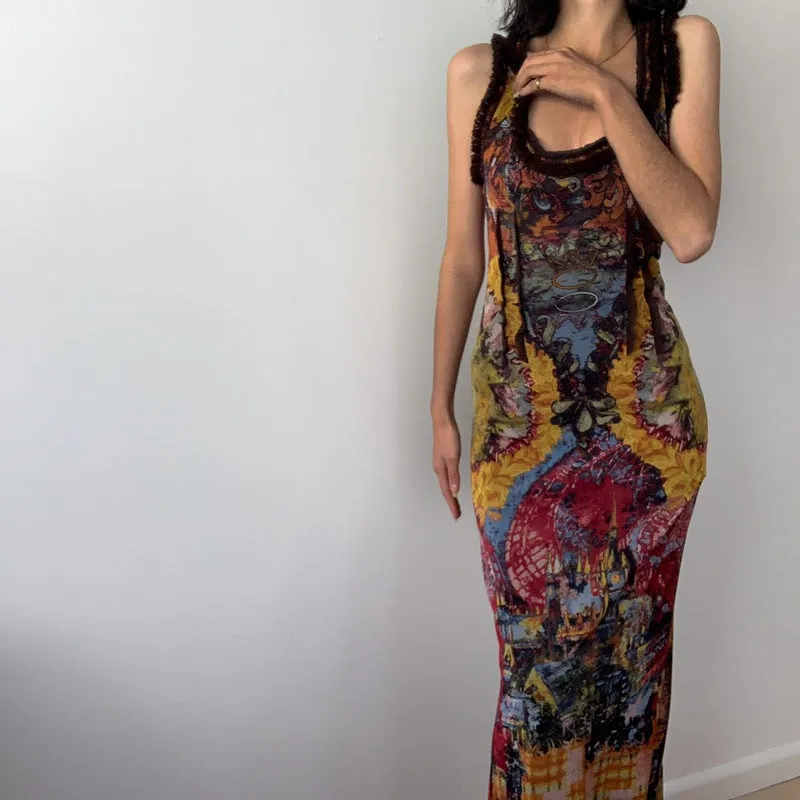 insEuropean and american women's clothing2023Summer New Fashion Retro Tie-Dye Printed SexyUCollar Slim Dress Long Dress