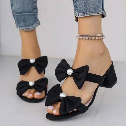 'Ivanna' Double Bow Strap Block Heels