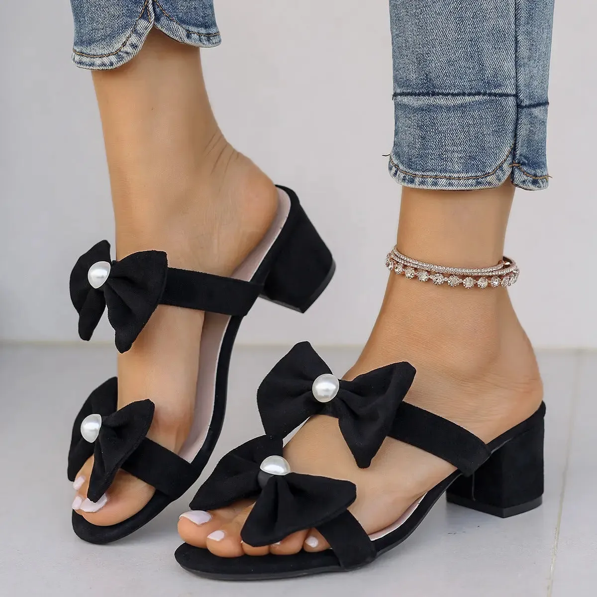 'Ivanna' Double Bow Strap Block Heels