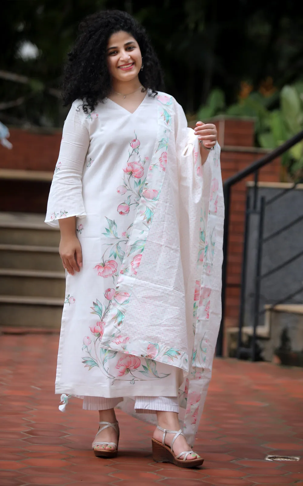IVORY COTTON PEONY YOKE KURTA
