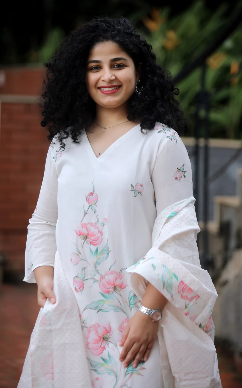 IVORY COTTON PEONY YOKE KURTA