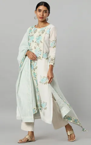 IVORY WILD ROSE KURTA AQUA