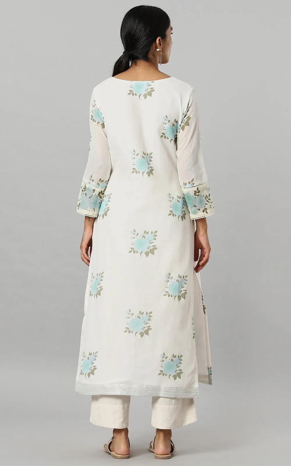 IVORY WILD ROSE KURTA AQUA