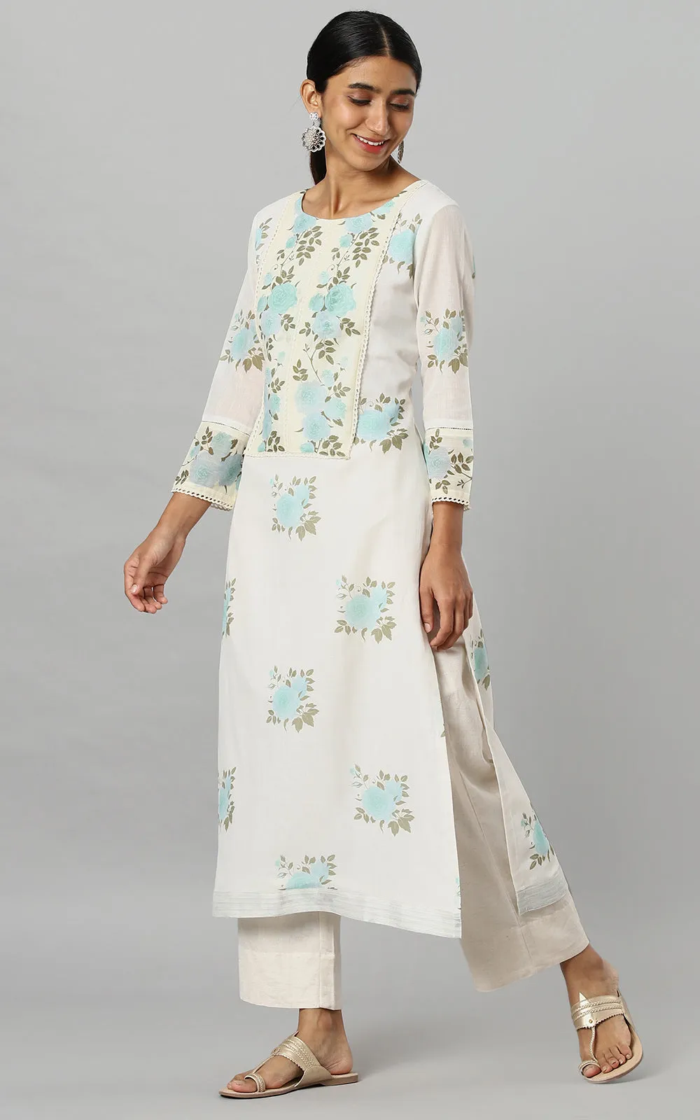 IVORY WILD ROSE KURTA AQUA