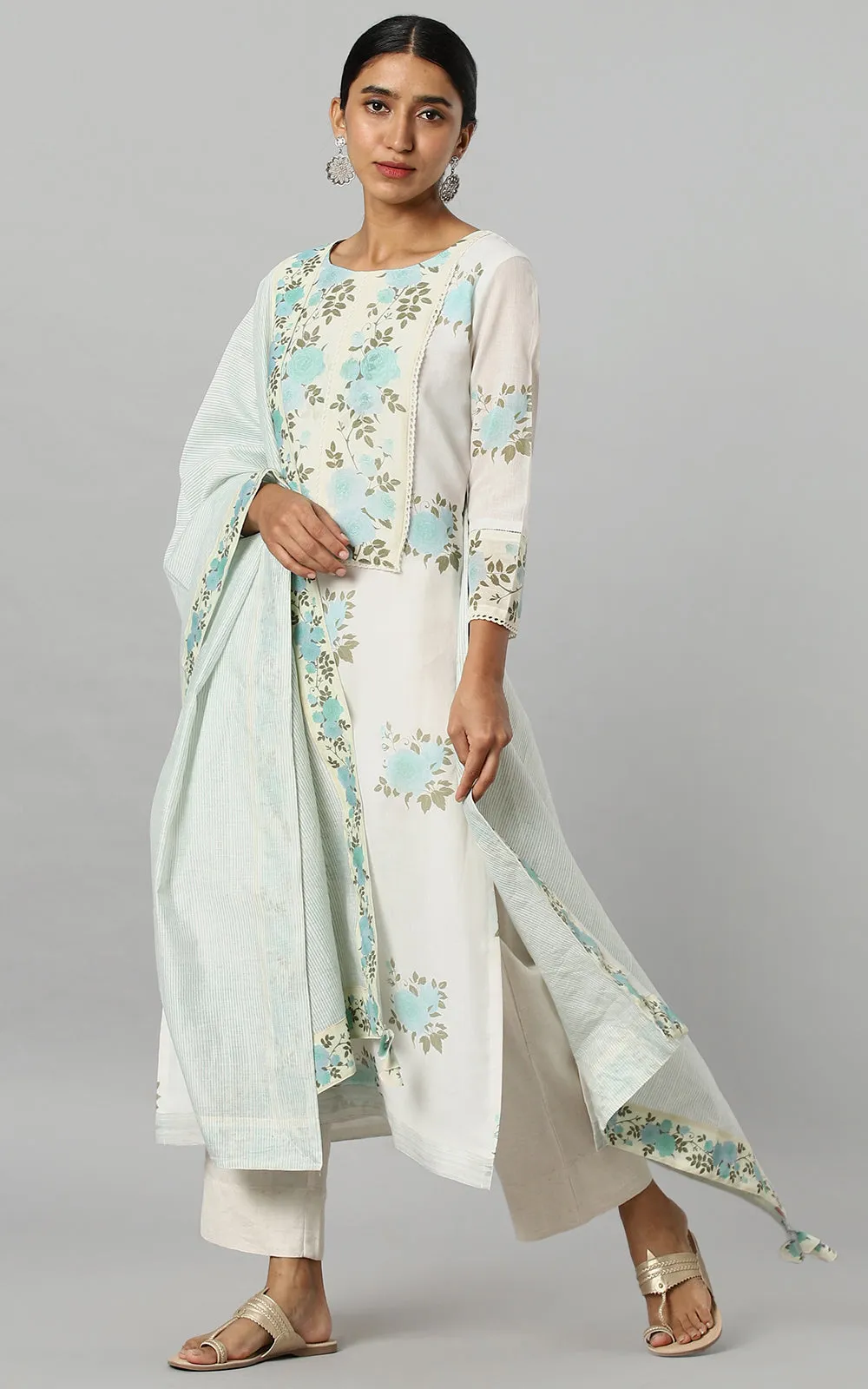 IVORY WILD ROSE KURTA AQUA