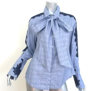 Jonathan Simkhai Pussy Bow Shirt Blue Lace-Embroidered Plaid Size Small