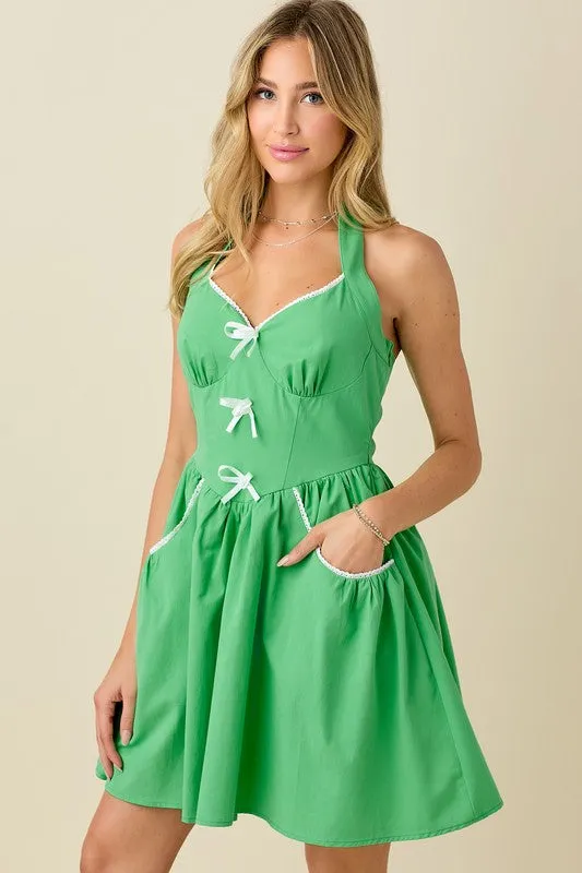 Lace And Bow Detailed Halter Neck Flare Dress