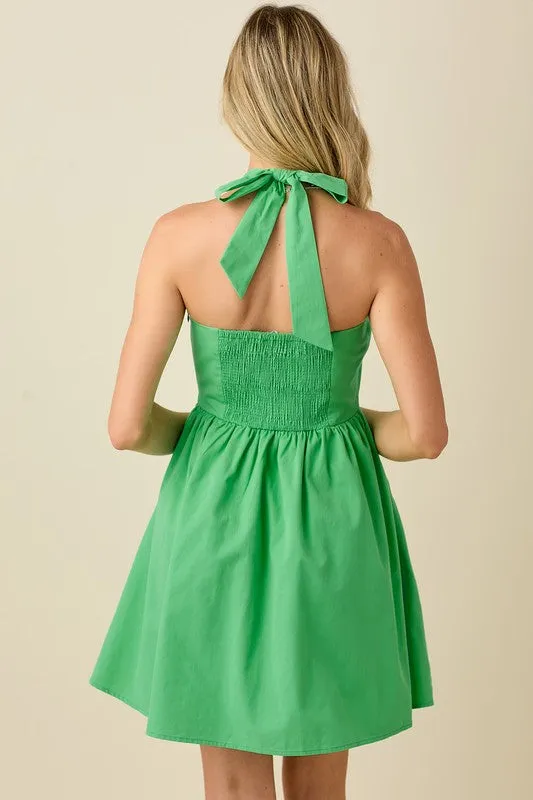 Lace And Bow Detailed Halter Neck Flare Dress