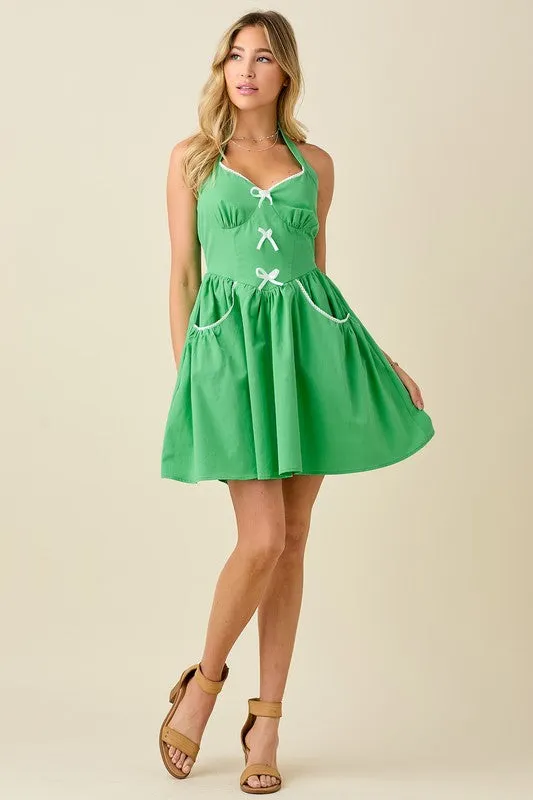 Lace And Bow Detailed Halter Neck Flare Dress