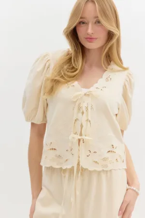 Lace Embroidered Puff Sleeve Top {Ecru}