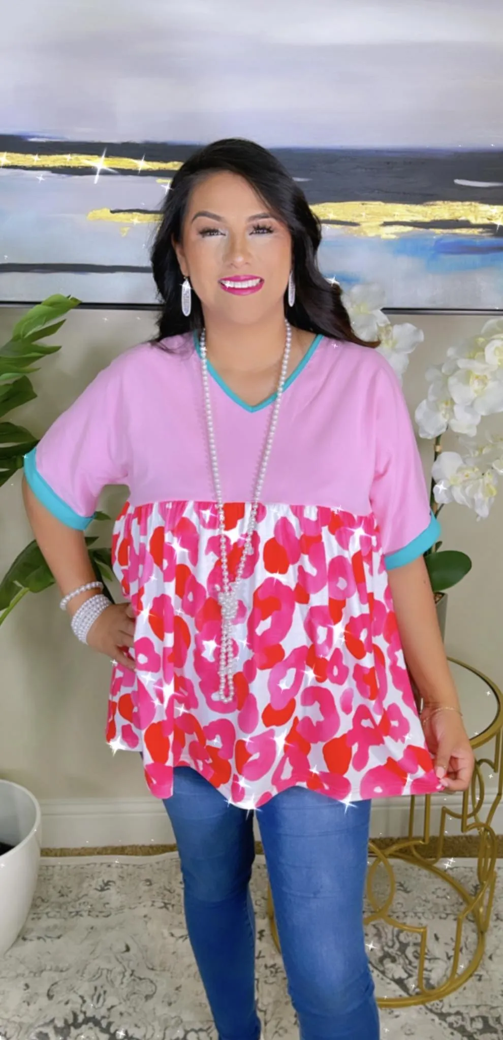 Light Pink, Leopard print baby doll top - loose fitting