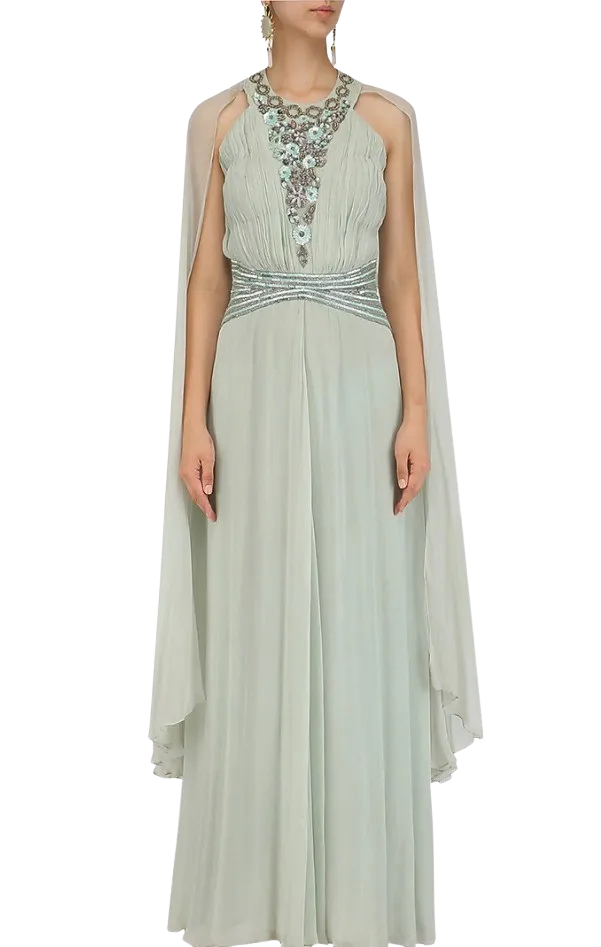 Light Sage Green Winged Sleeves Belted Gown