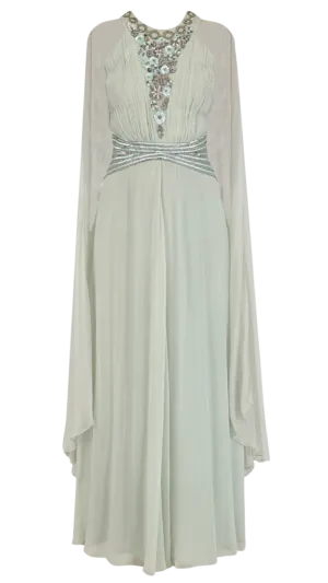 Light Sage Green Winged Sleeves Belted Gown