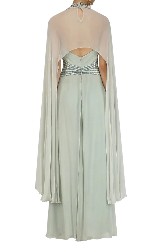 Light Sage Green Winged Sleeves Belted Gown