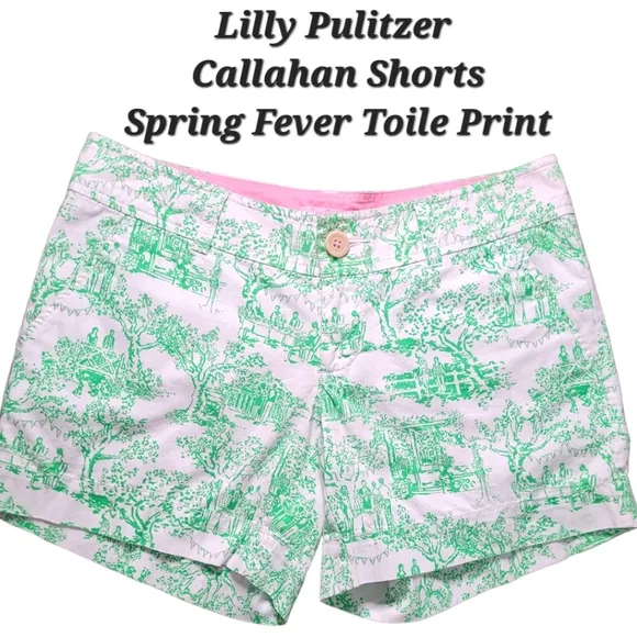 Lilly Pulitzer Callahan Shorts Spring Fever Toile Print White Green Party Print