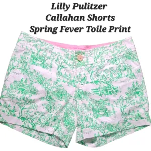Lilly Pulitzer Callahan Shorts Spring Fever Toile Print White Green Party Print