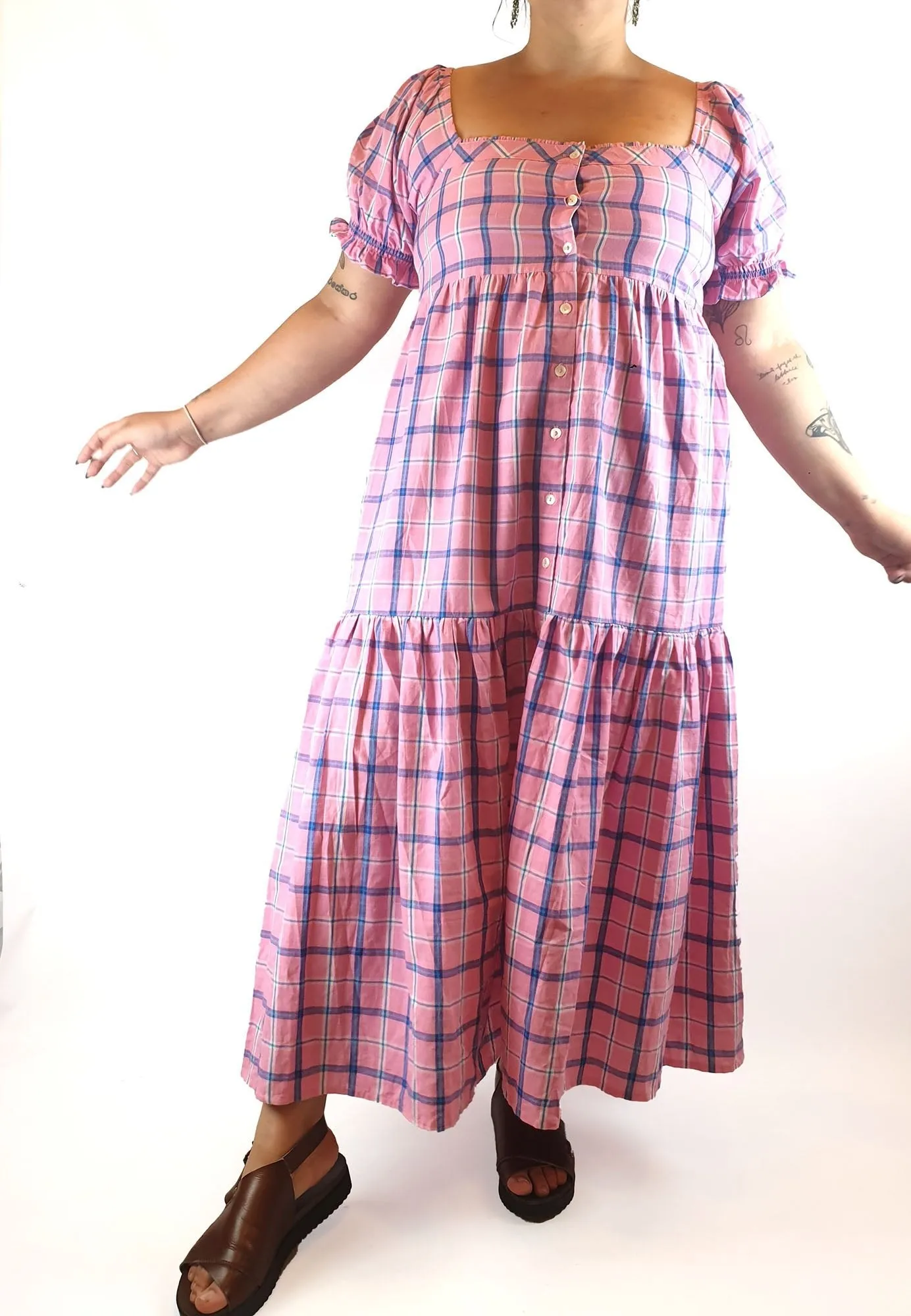 Little Tienda pink and blue check print dress size L