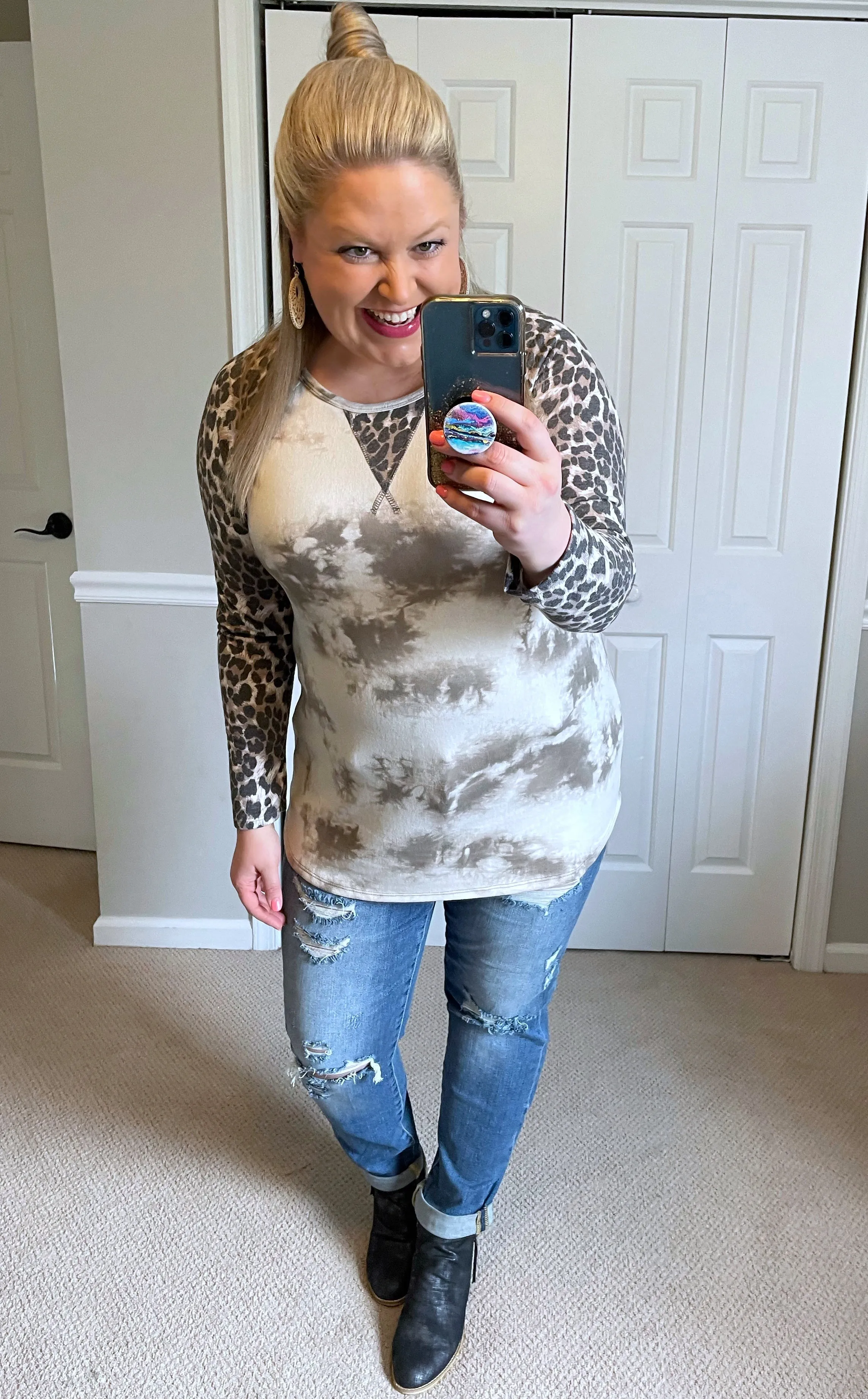 Long-Sleeved Tie-Dye & Animal Print Raglan Tee in Neutrals