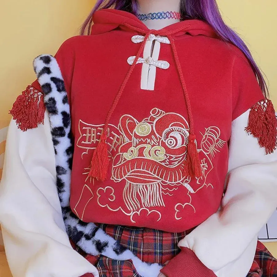 Lucky Tassel Embroidery Frogging Drawstring Hoodie