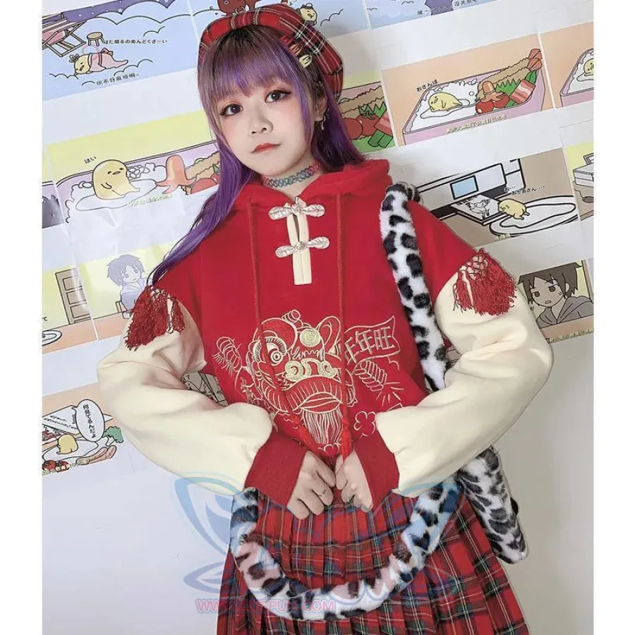 Lucky Tassel Embroidery Frogging Drawstring Hoodie